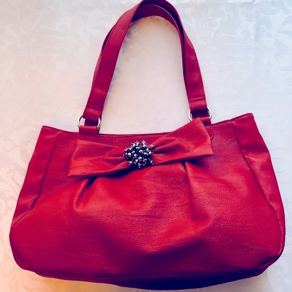 💜3/$30 Deep Red Shoulder Bag, Embellished Bow - Picture 1 of 8
